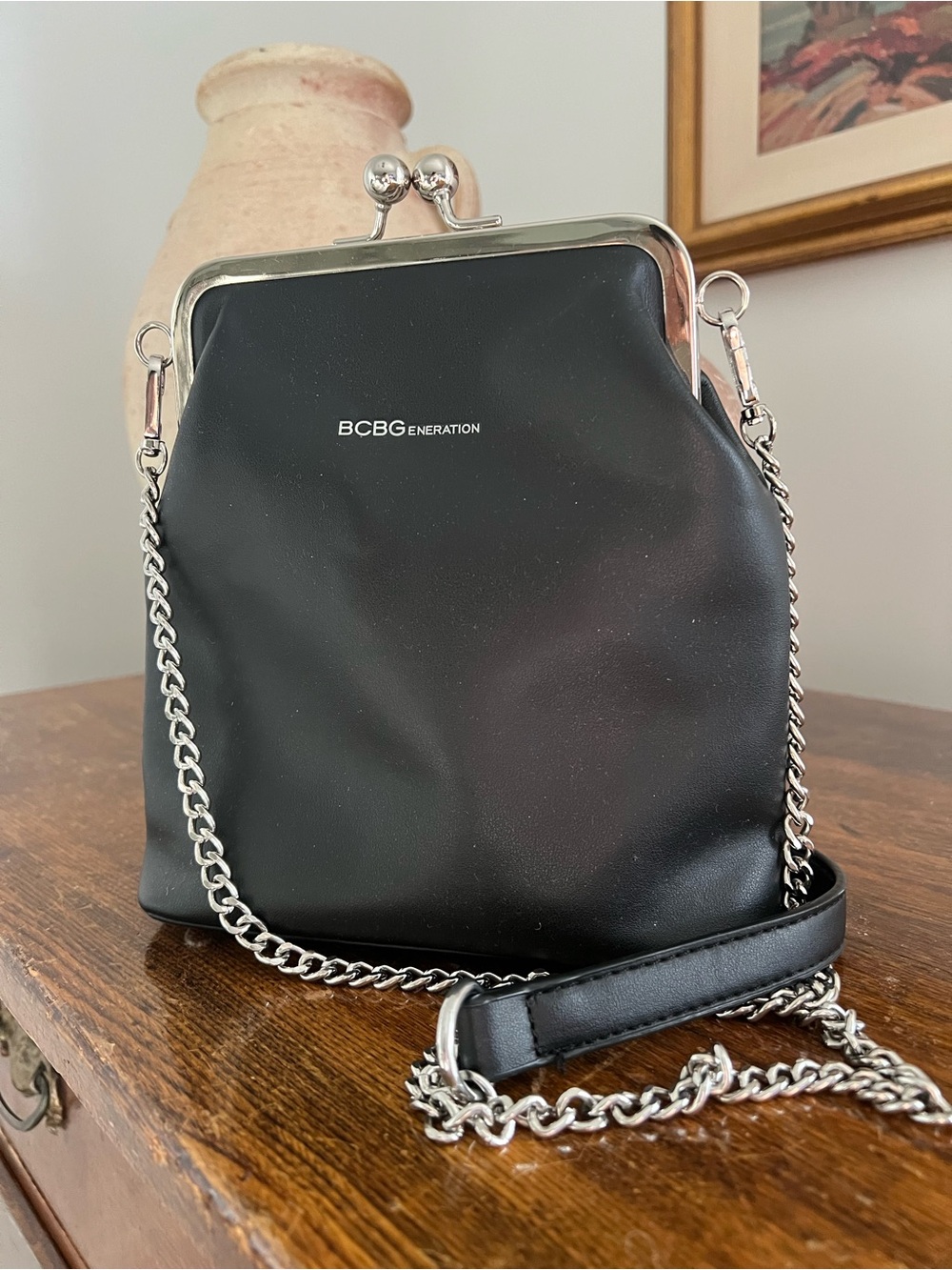 BCBGeneration Black Leather Crossbody Bag with Silver Chain